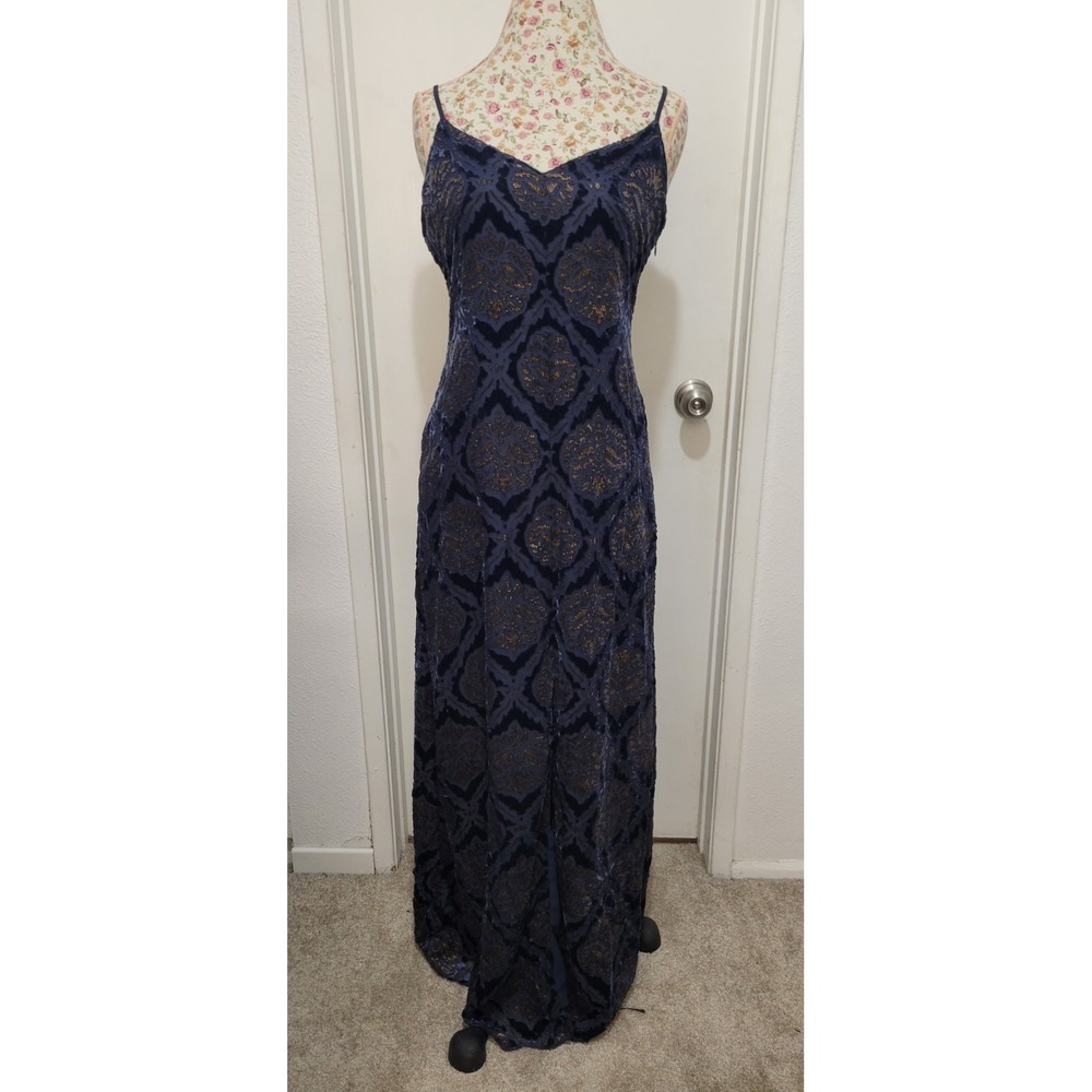 Denim & Supply Ralph Lauren Navy Burnout Velvet Maxi Dress Gold Damask M